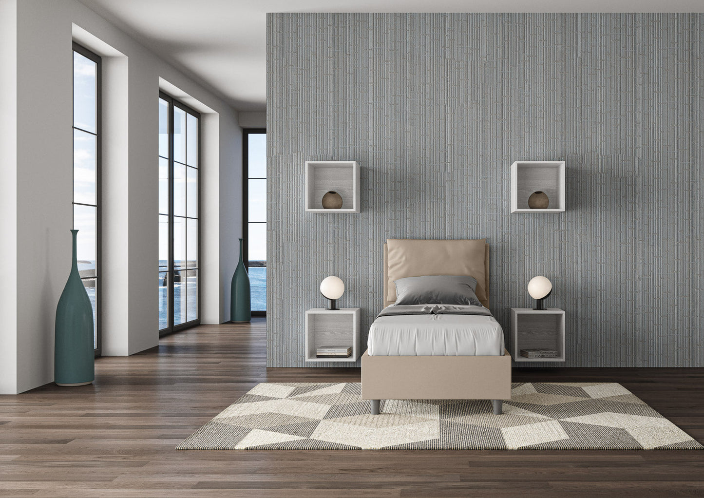 Letto singolo imbottito similpelle Antea senza rete, con rete e contenitore