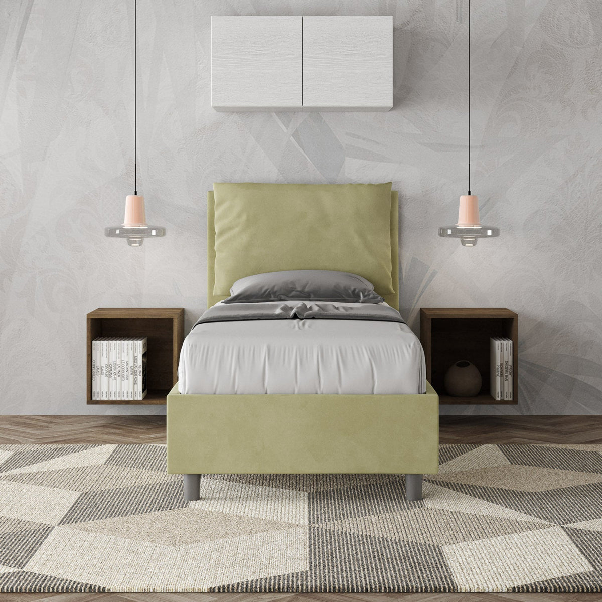 Letto singolo imbottito 80x190 microfibra Antea senza rete, con rete, contenitore