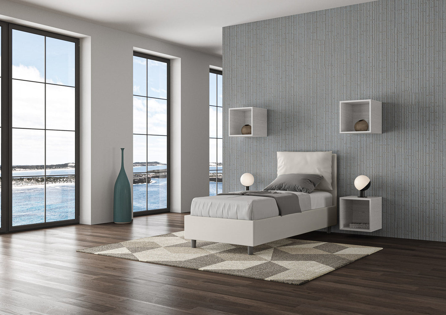 Einzelbett Antea Kunstleder gepolstert mit und ohne Lattenrost und Bettkasten 80x210