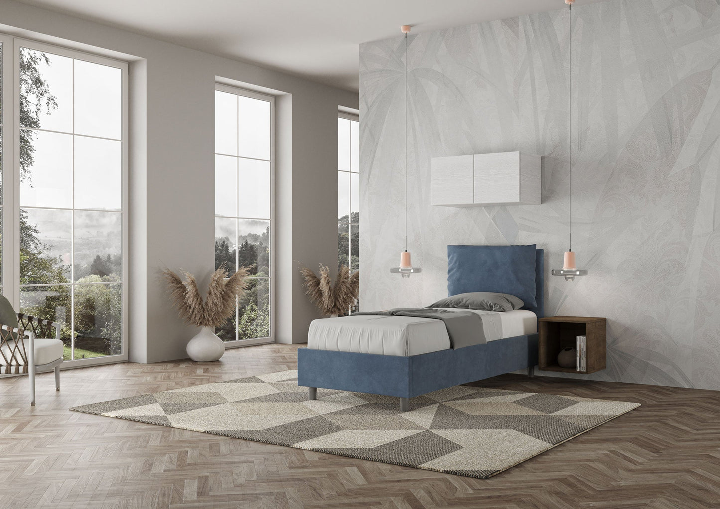 Letto singolo imbottito 80x200 microfibra Antea senza rete, con rete e contenitore