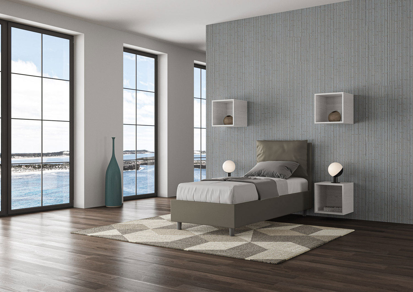 Letto singolo imbottito similpelle Antea senza rete, con rete e contenitore