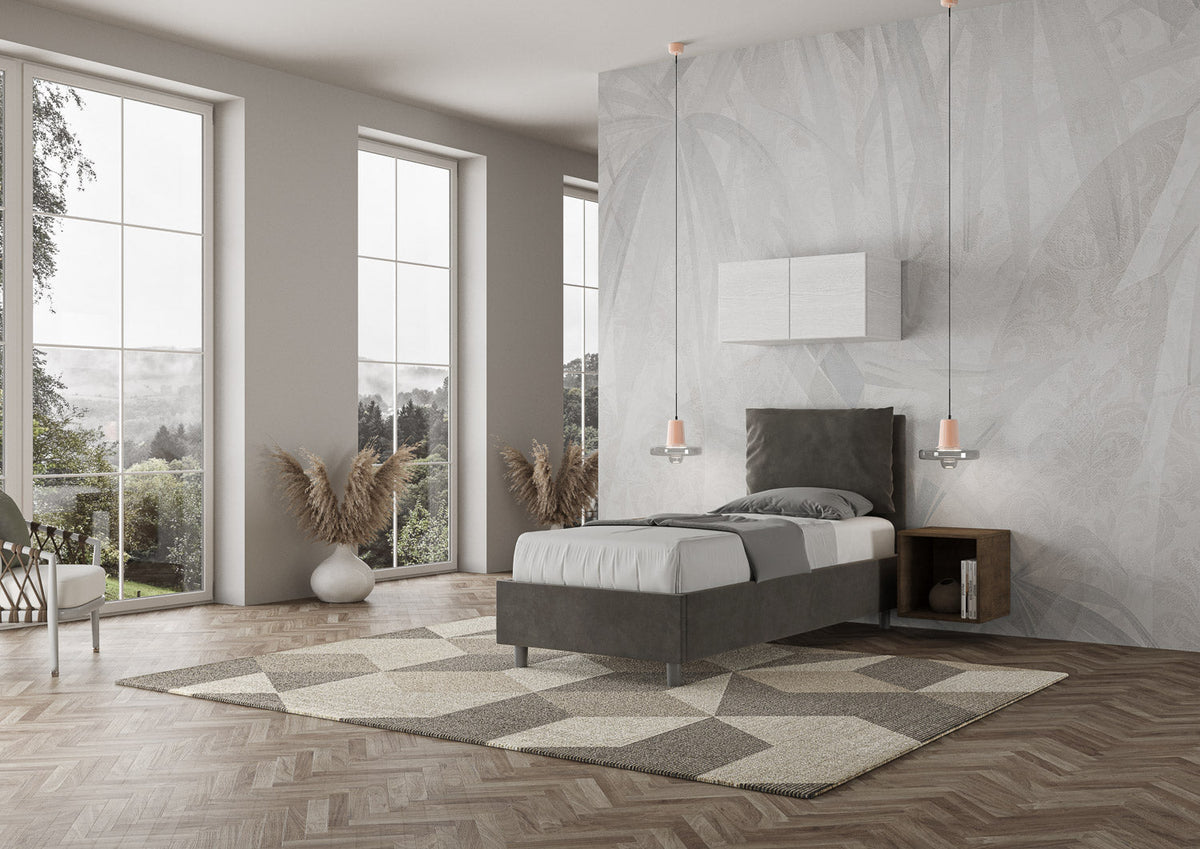 Letto singolo imbottito 80x190 microfibra Antea senza rete, con rete, contenitore