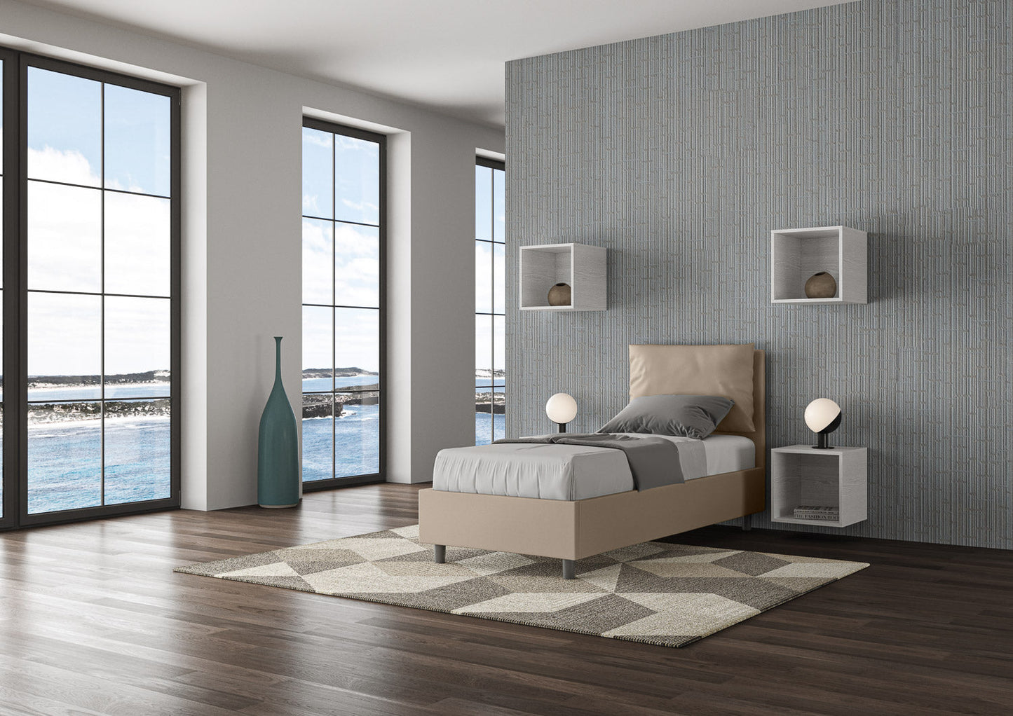 Letto singolo imbottito similpelle Antea senza rete, con rete e contenitore
