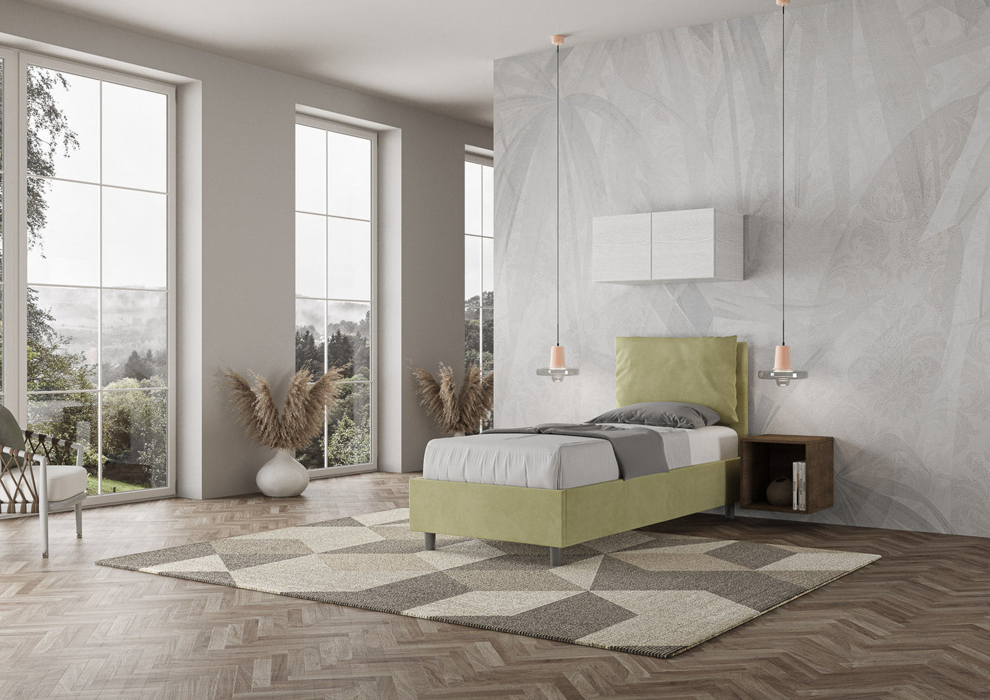Letto singolo imbottito 80x200 microfibra Antea senza rete, con rete e contenitore