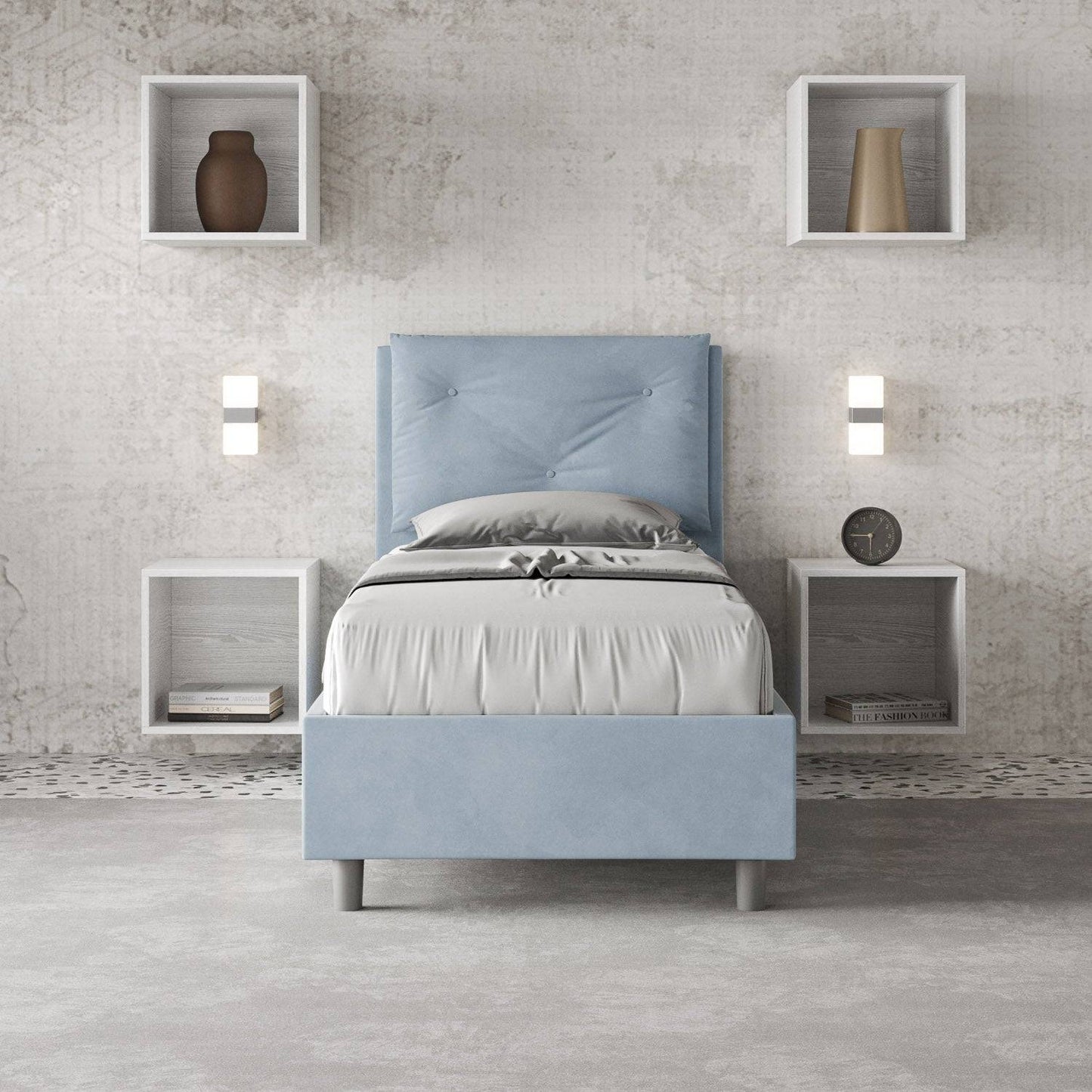 Gepolstertes Einzelbett 90x210 Mikrofaser Appia mit oder ohne Lattenrost und Bettkasten