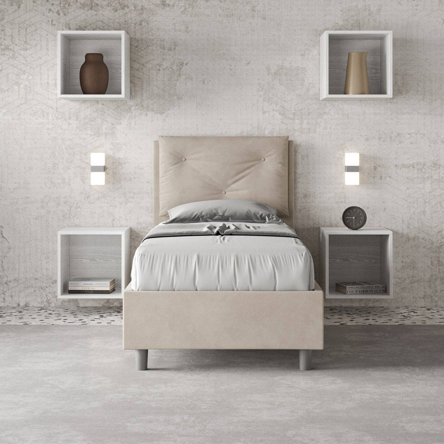 Gepolstertes Einzelbett 90x210 Mikrofaser Appia mit oder ohne Lattenrost und Bettkasten