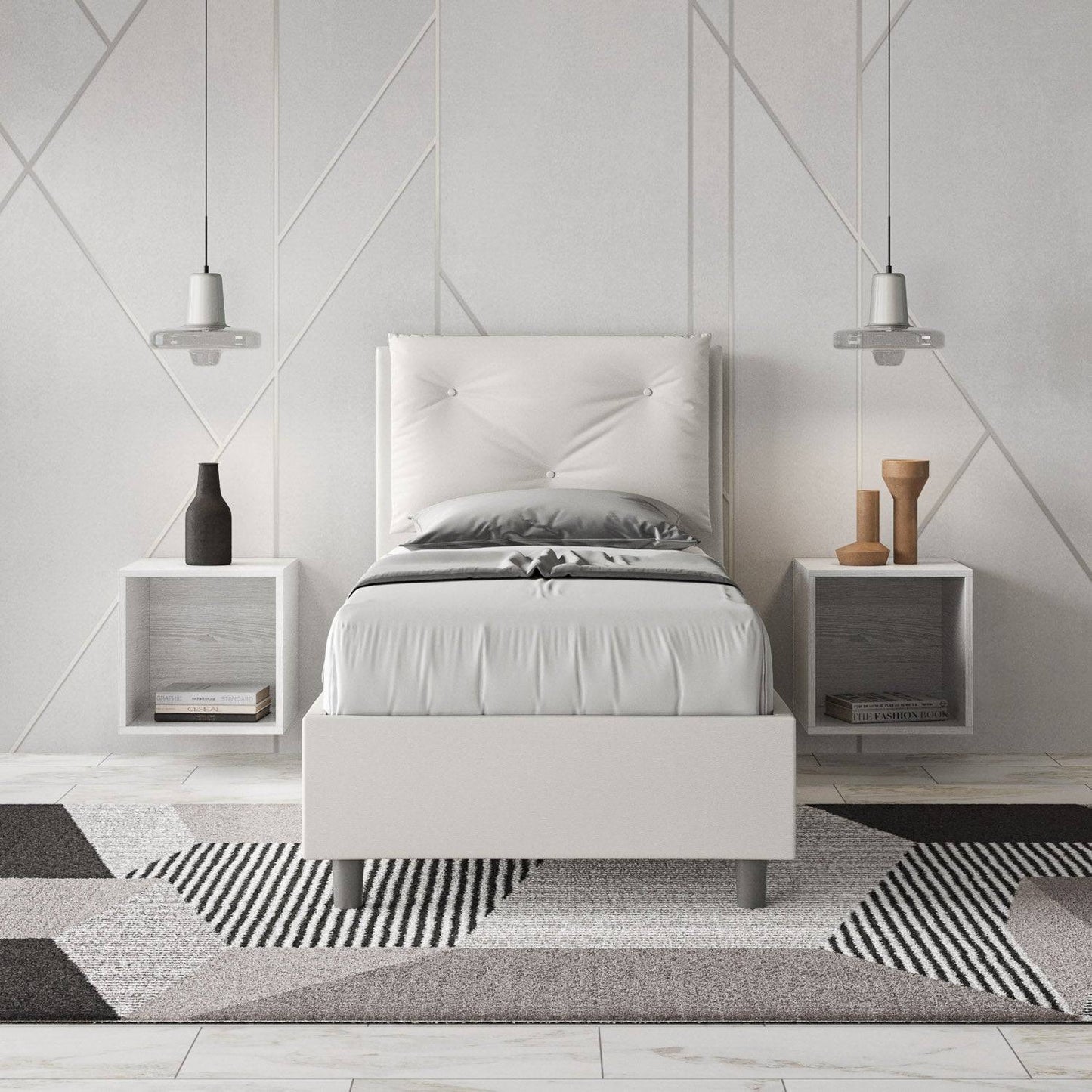 Einzelbett 80x200 gepolstert Kunstleder, Lattenrost oder Bettkasten, Made in Italy