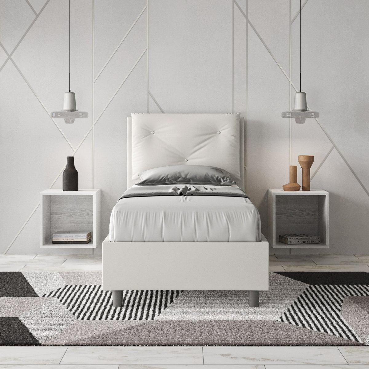 Letto singolo imbottito similpelle Appia senza rete, con rete e contenitore