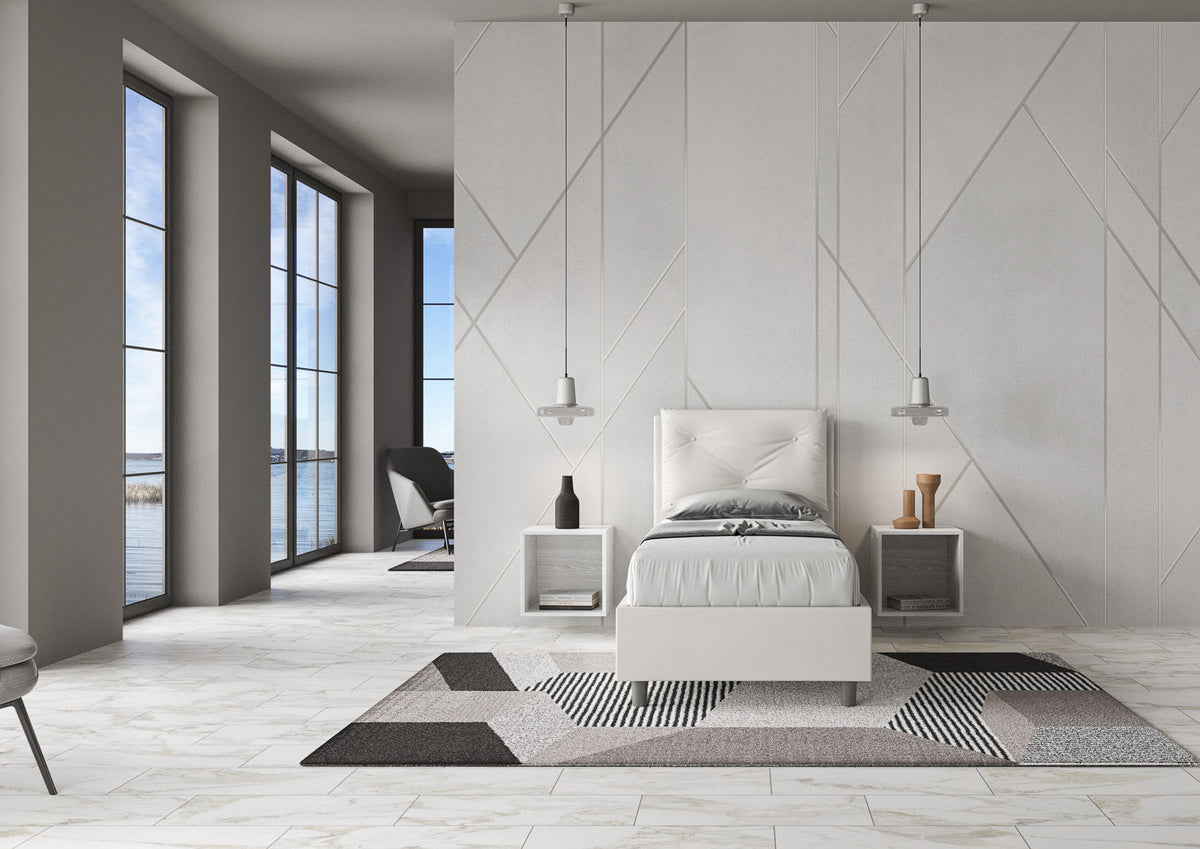 Letto singolo imbottito similpelle Appia senza rete, con rete e contenitore