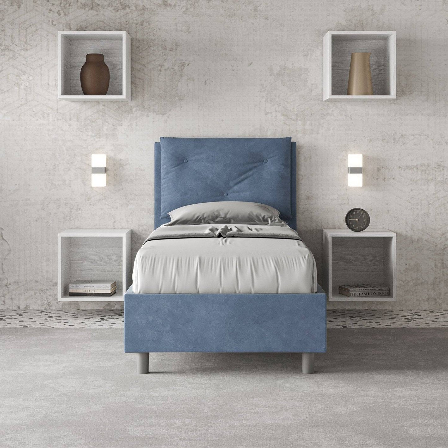Gepolstertes Einzelbett mit Lattenrost oder Stauraum aus Mikrofaser Appia 90x200