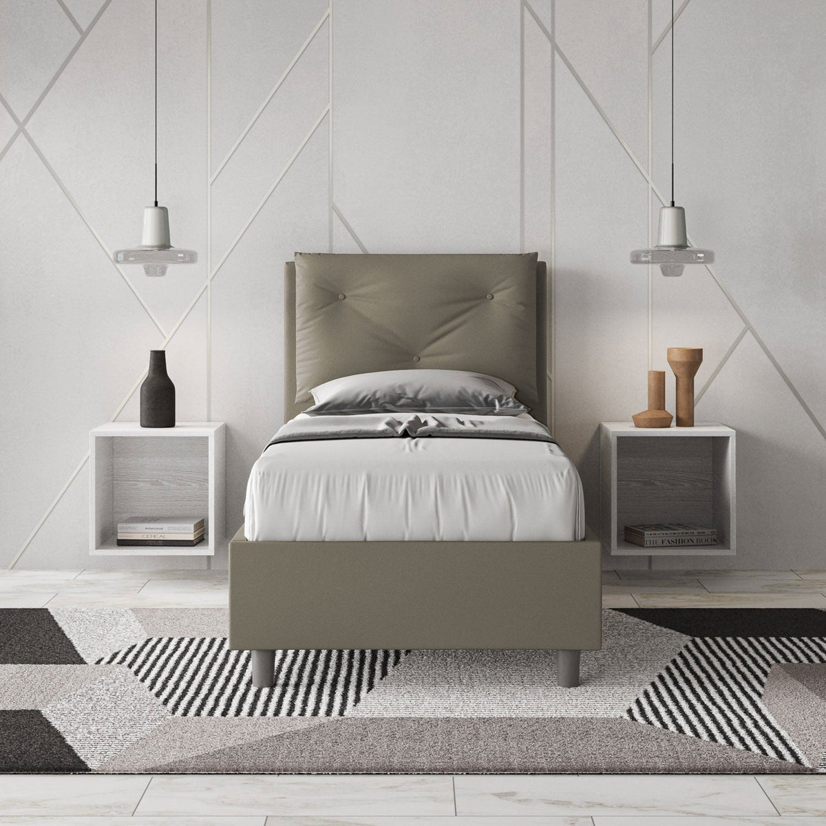 Letto singolo imbottito similpelle Appia senza rete, con rete e contenitore