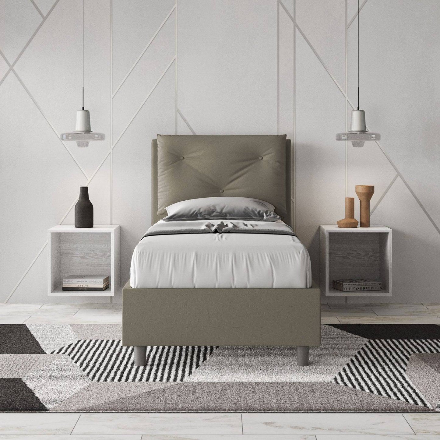 Letto singolo imbottito similpelle Appia 80x210 senza rete, con rete, contenitore