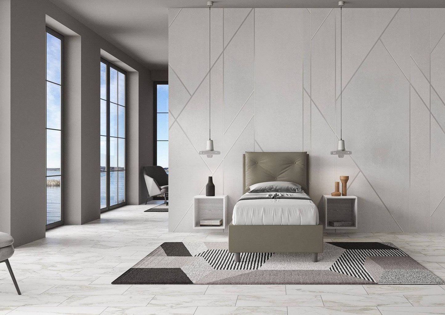 Einzelbett 80x200 gepolstert Kunstleder, Lattenrost oder Bettkasten, Made in Italy