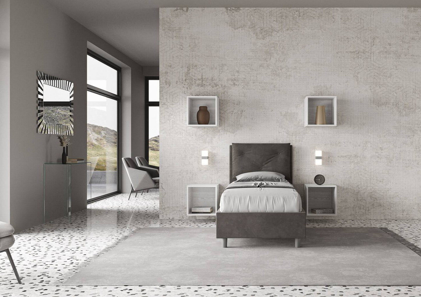 Gepolstertes Einzelbett mit Lattenrost oder Stauraum aus Mikrofaser Appia 90x200