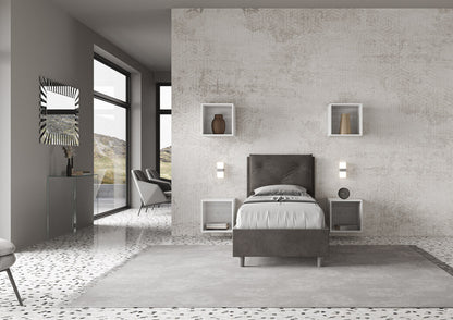Gepolstertes Einzelbett 80x190 Mikrofaser Appia ohne Lattenrost, mit Lattenrost und Bettkasten