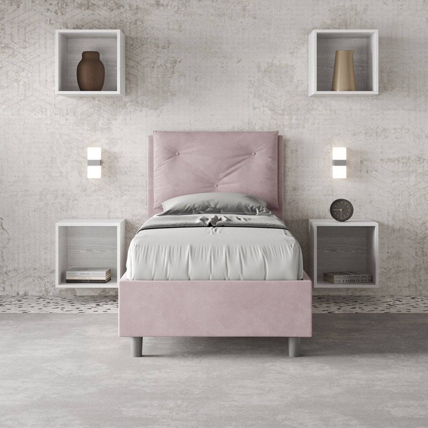 Letto singolo imbottito 80x210 microfibra Appia senza rete, con rete e contenitore