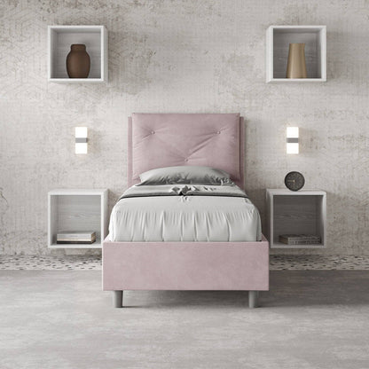Letto singolo imbottito 80x210 microfibra Appia senza rete, con rete e contenitore