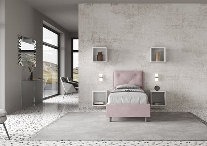 Gepolstertes Einzelbett 80x190 Mikrofaser Appia ohne Lattenrost, mit Lattenrost und Bettkasten