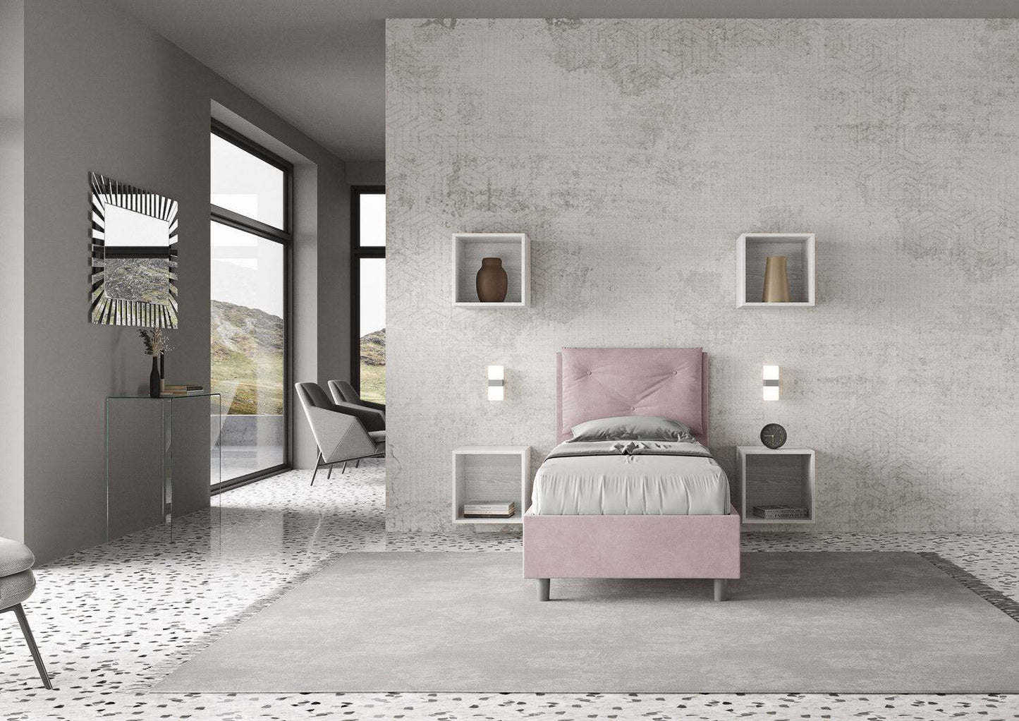 Letto singolo 80x200 Appia imbottito con testiera, rete e contenitore