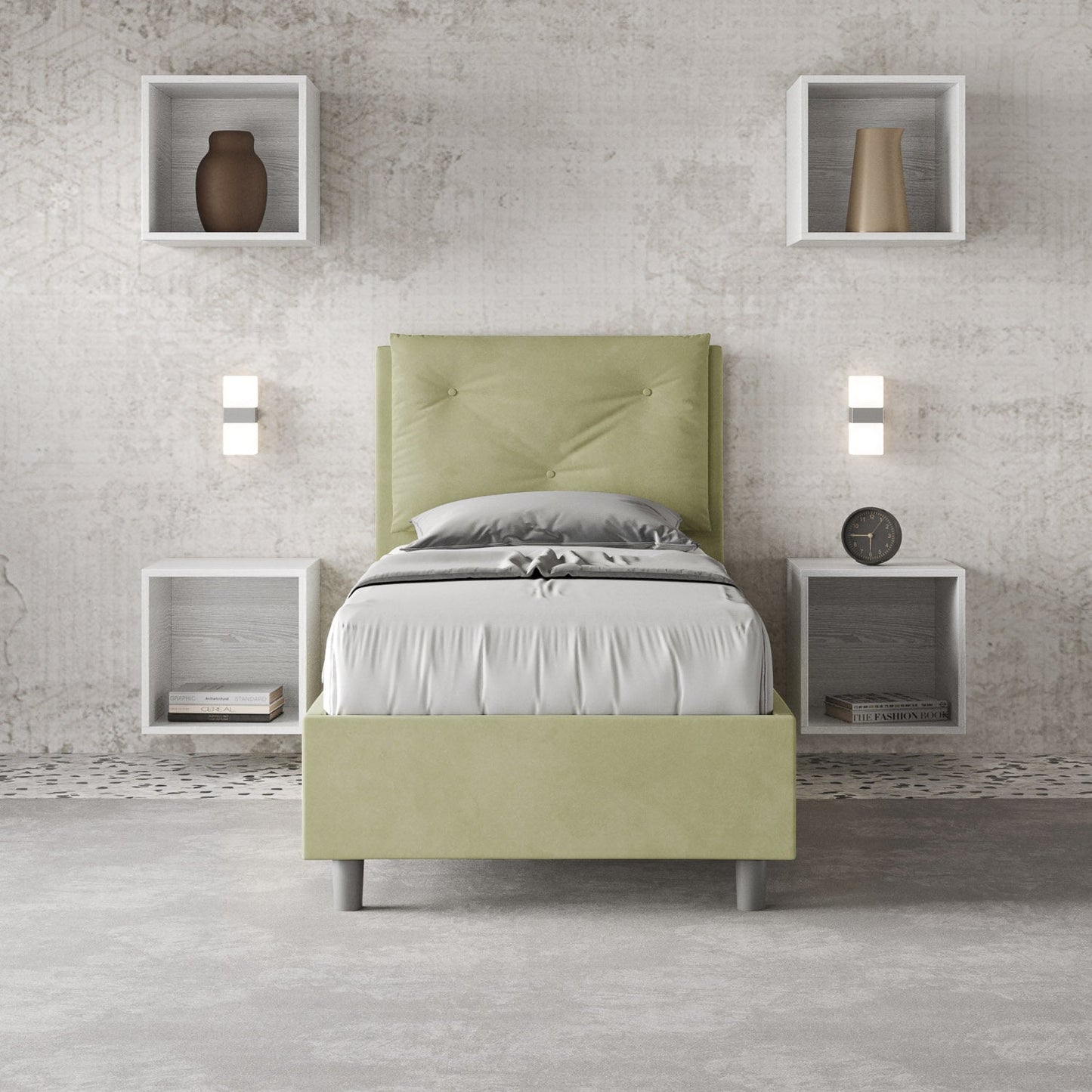 Gepolstertes Einzelbett 80x190 Mikrofaser Appia ohne Lattenrost, mit Lattenrost und Bettkasten