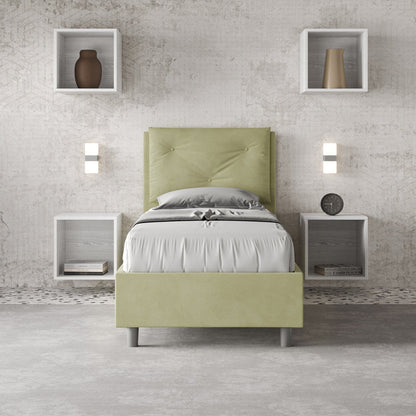 Gepolstertes Einzelbett 80x190 Mikrofaser Appia ohne Lattenrost, mit Lattenrost und Bettkasten