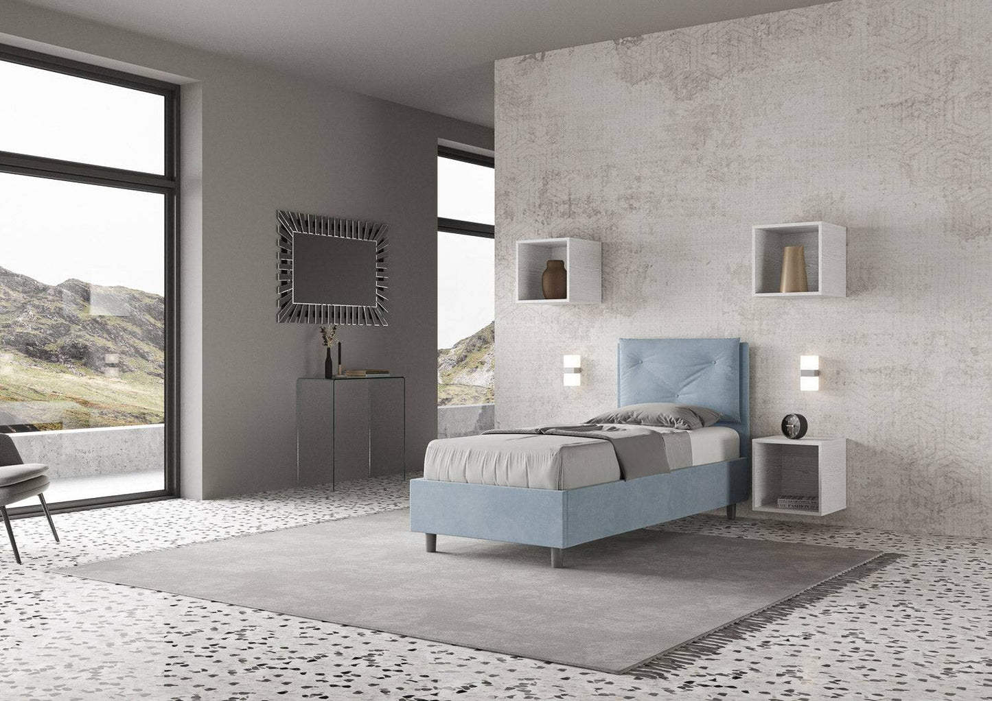 Gepolstertes Einzelbett mit Lattenrost oder Stauraum aus Mikrofaser Appia 90x200