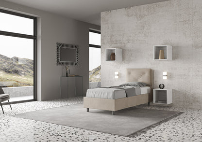 Gepolstertes Einzelbett 80x190 Mikrofaser Appia ohne Lattenrost, mit Lattenrost und Bettkasten