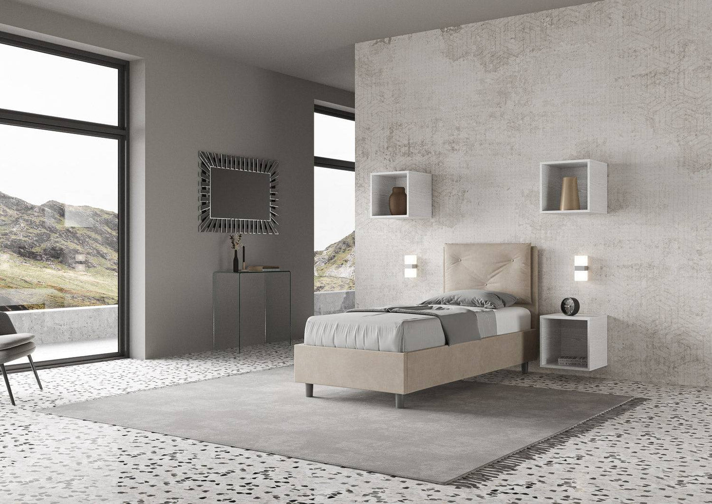 Gepolstertes Einzelbett mit Lattenrost oder Stauraum aus Mikrofaser Appia 90x200