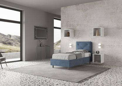 Letto singolo imbottito 80x210 microfibra Appia senza rete, con rete e contenitore