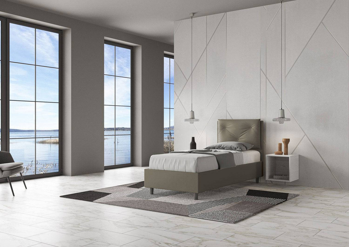 Einzelbett 80x200 gepolstert Kunstleder, Lattenrost oder Bettkasten, Made in Italy