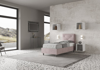 Gepolstertes Einzelbett 80x190 Mikrofaser Appia ohne Lattenrost, mit Lattenrost und Bettkasten