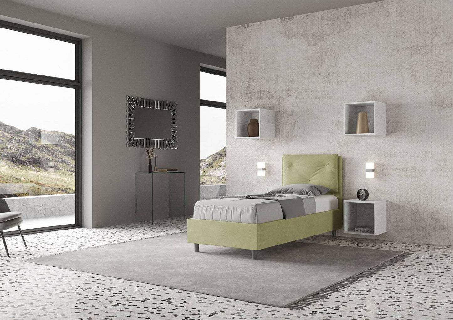 Gepolstertes Einzelbett mit Lattenrost oder Stauraum aus Mikrofaser Appia 90x200
