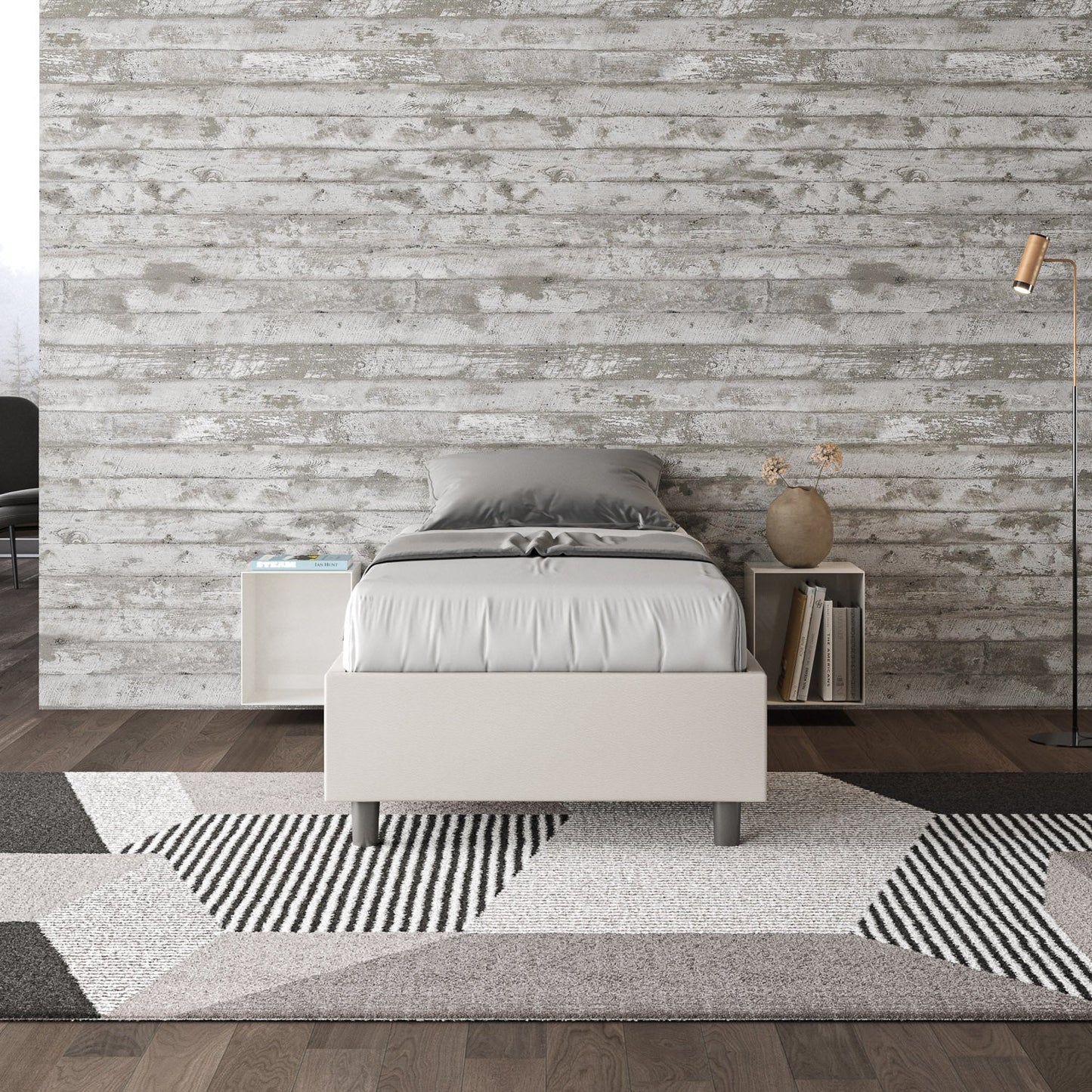 Letto singolo imbottito similpelle Azelia con e senza rete e contenitore