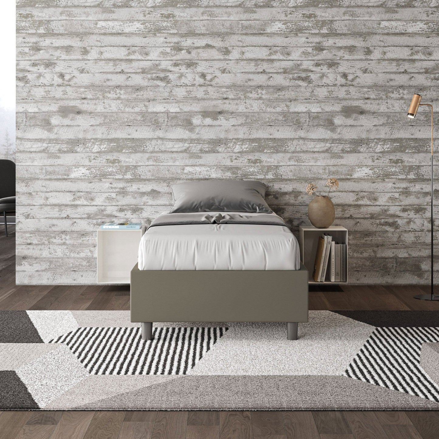 Letto singolo imbottito similpelle Azelia con e senza rete e contenitore
