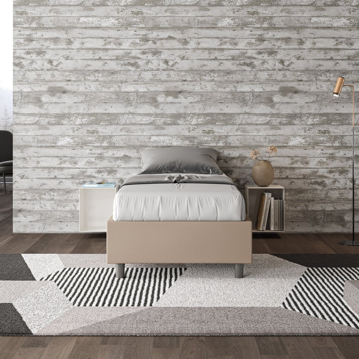 Letto singolo imbottito similpelle Azelia con e senza rete e contenitore
