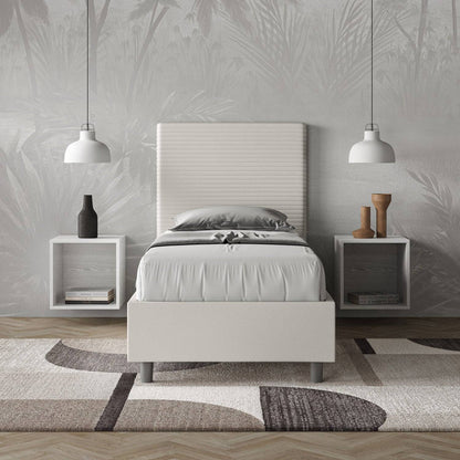 Einzelbett ohne Lattenrost, mit Lattenrost und gepolstertem Kunstleder-Bettkasten Focus
