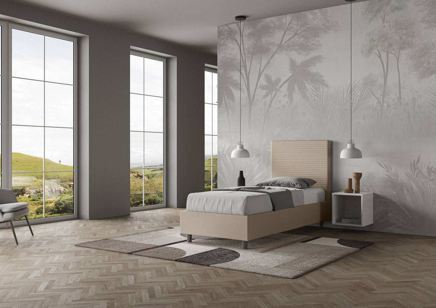 Letto singolo imbottito similpelle Focus 80x200 senza rete, con rete, contenitore