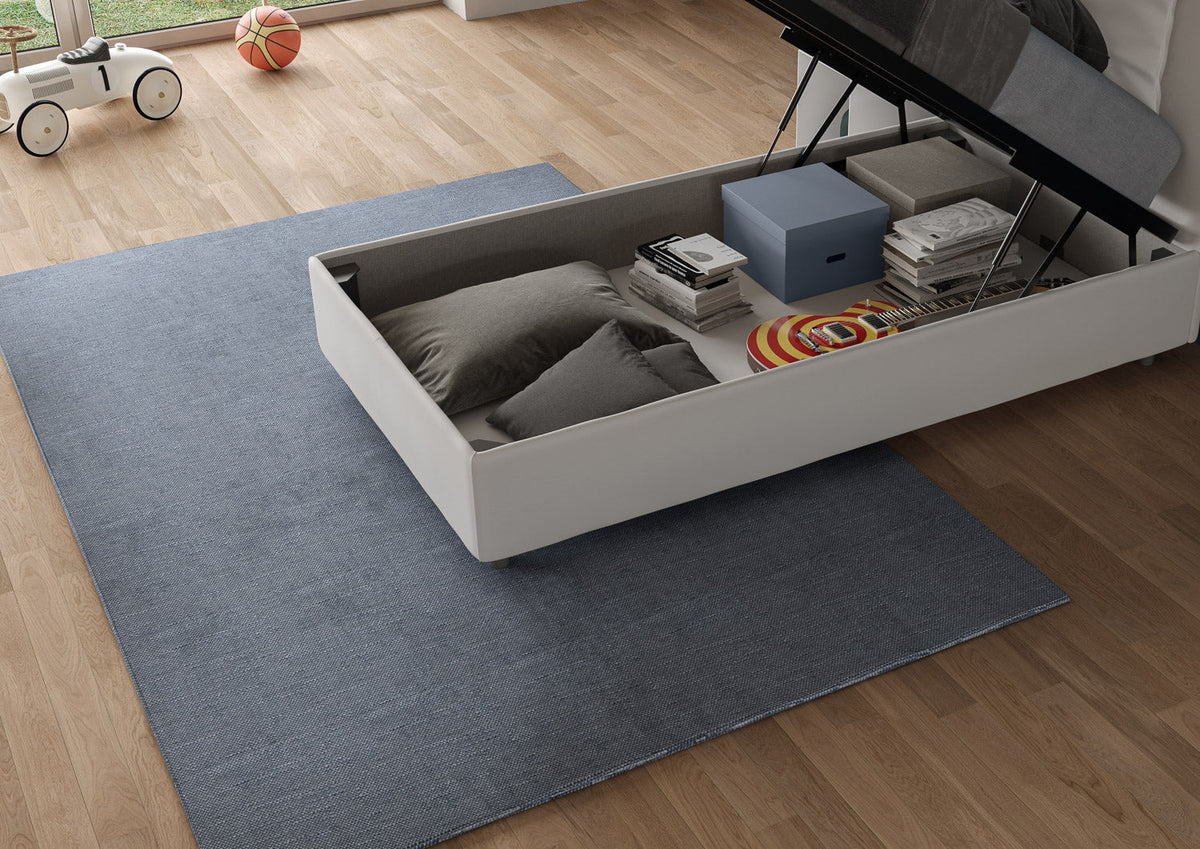 Letto singolo imbottito similpelle Appia senza rete, con rete e contenitore