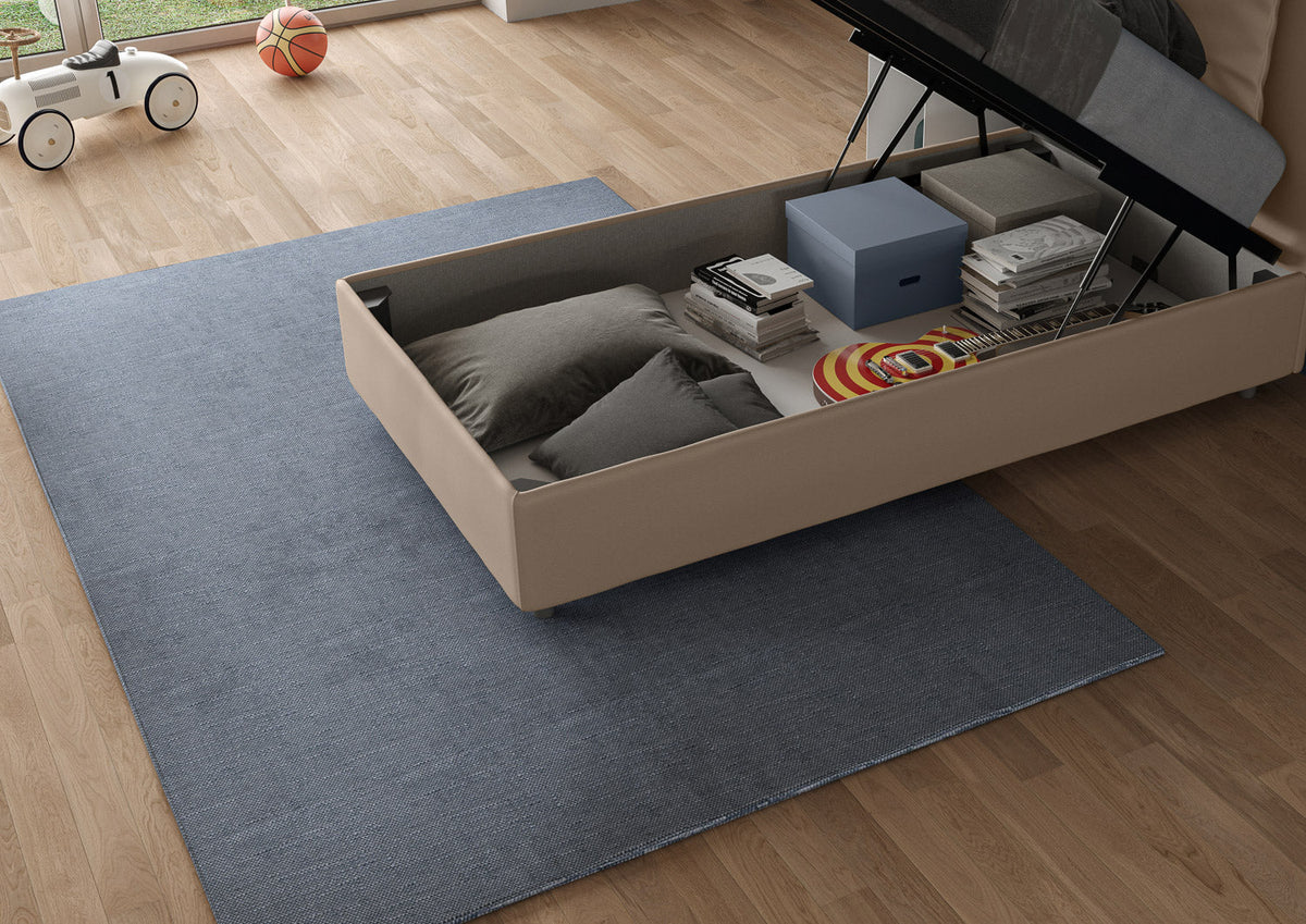 Letto singolo imbottito similpelle Appia senza rete, con rete e contenitore