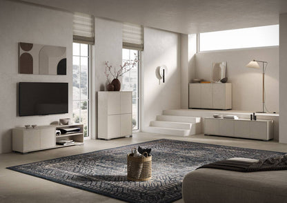 Anrichte und TV-Möbel Lumina mit Fronten in Hochglanzweiß und Kaschmir