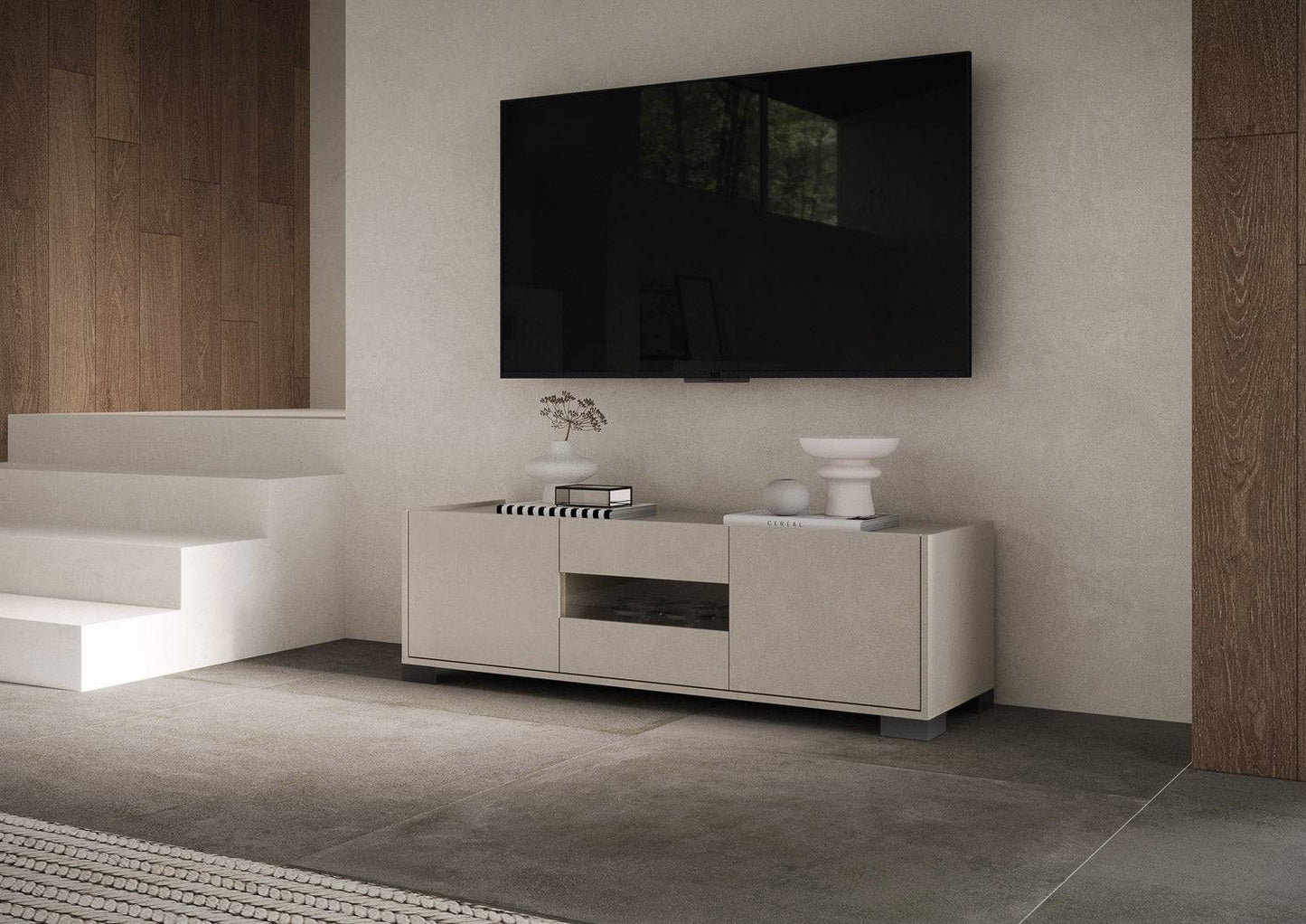 Highboard und Highboard mit TV-Ständer Riflesso Hochglanz Weiß und Kaschmir