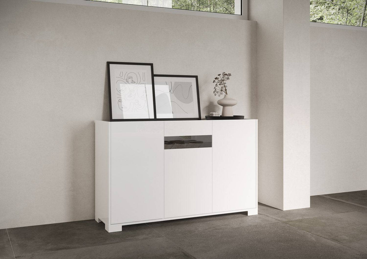 Highboard und Highboard mit TV-Ständer Riflesso Hochglanz Weiß und Kaschmir