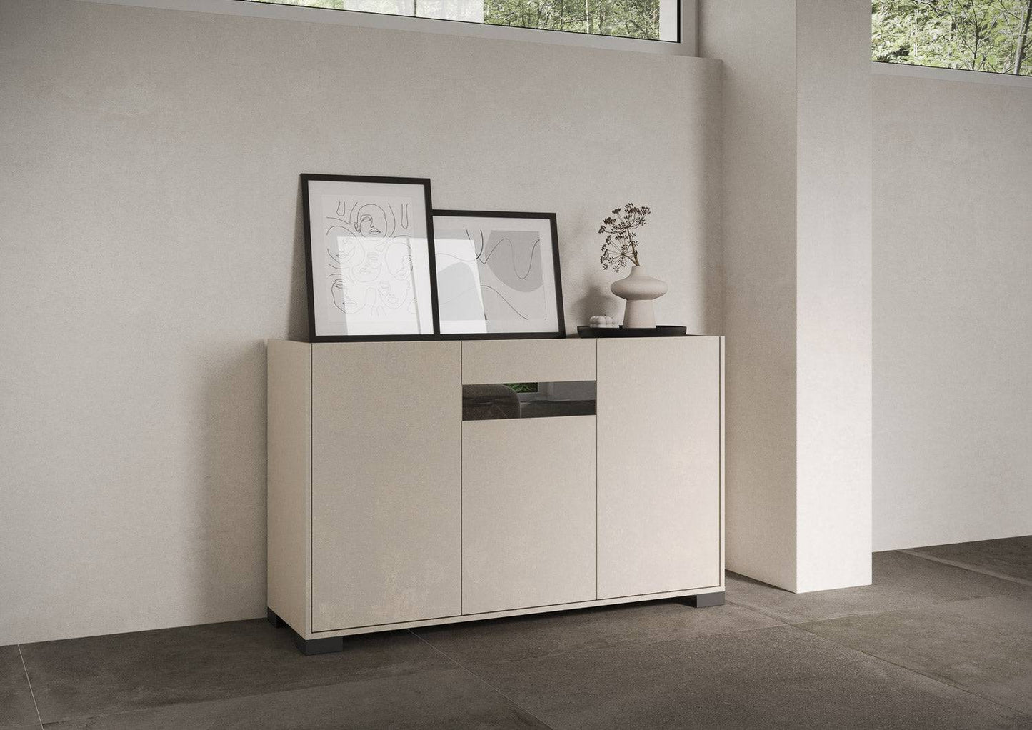 Highboard und Highboard mit TV-Ständer Riflesso Hochglanz Weiß und Kaschmir