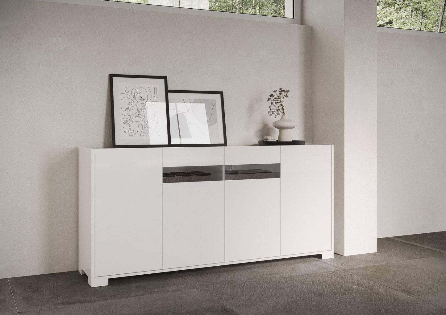 Highboard und Highboard mit TV-Ständer Riflesso Hochglanz Weiß und Kaschmir