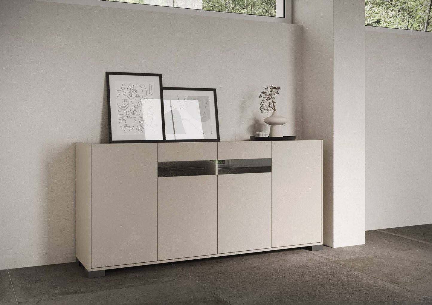 Highboard und Highboard mit TV-Ständer Riflesso Hochglanz Weiß und Kaschmir