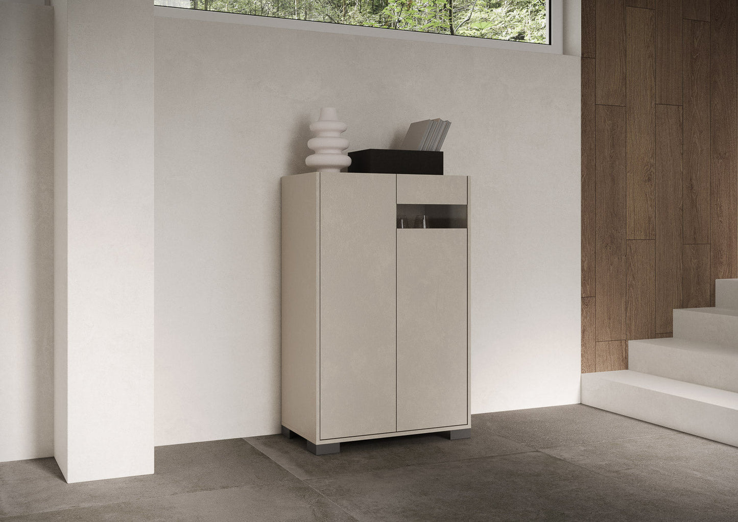 Highboard und Highboard mit TV-Ständer Riflesso Hochglanz Weiß und Kaschmir
