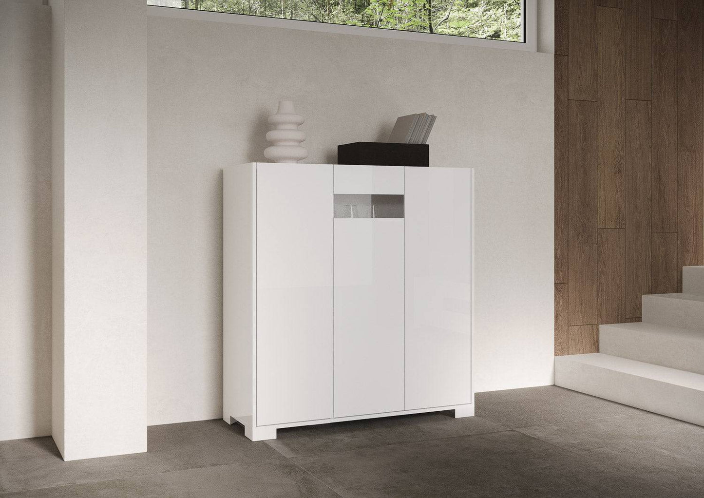 Highboard und Highboard mit TV-Ständer Riflesso Hochglanz Weiß und Kaschmir