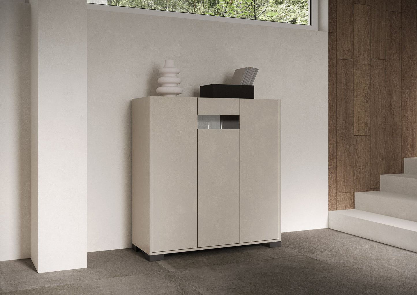 Highboard und Highboard mit TV-Ständer Riflesso Hochglanz Weiß und Kaschmir