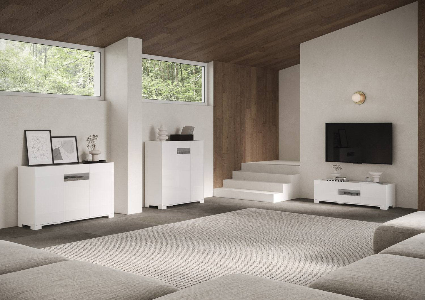 Highboard und Highboard mit TV-Ständer Riflesso Hochglanz Weiß und Kaschmir