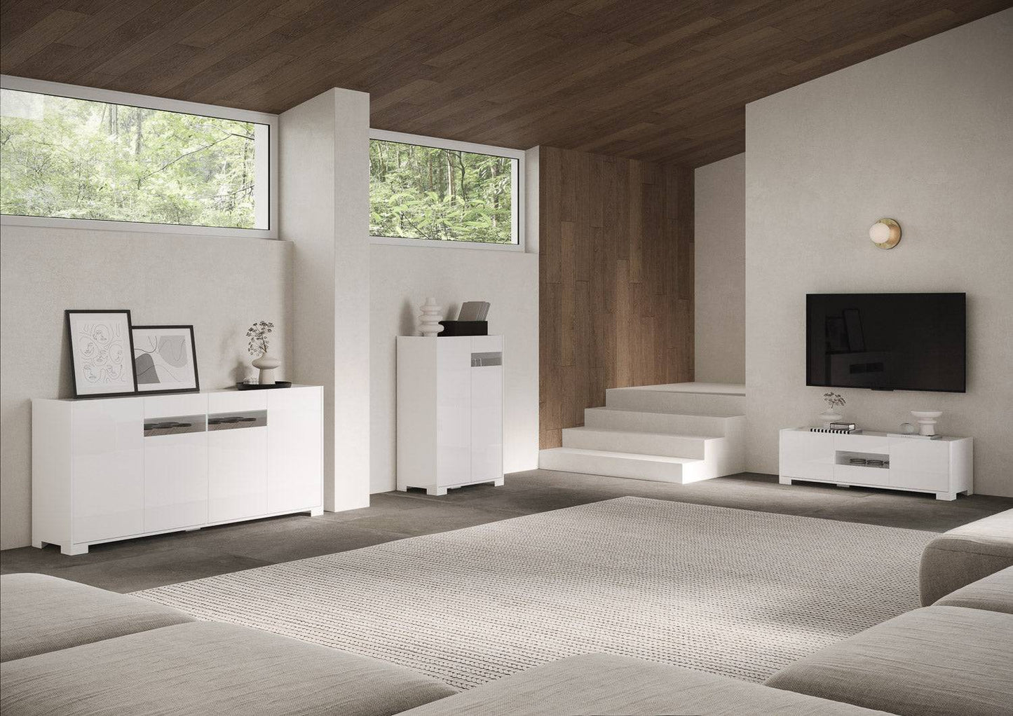 Highboard und Highboard mit TV-Ständer Riflesso Hochglanz Weiß und Kaschmir